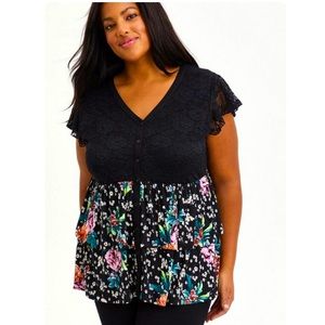 Super Soft V-Neck Lace Bodice Tiered Babydoll Top